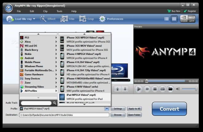 AnyMP4 Blu-ray Ripper video codec selection screen