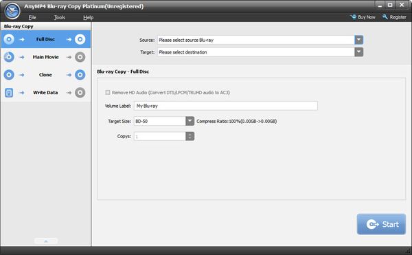AnyMP4 Blu-ray Copy select source and target