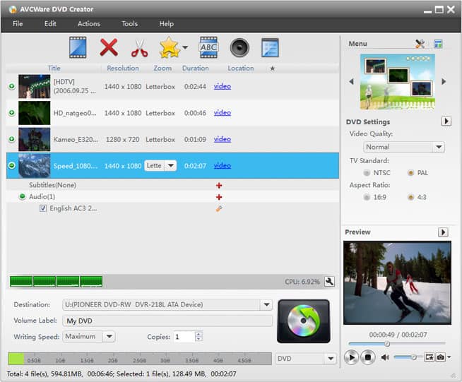 AVCWare DVD Creator 7 software main screen