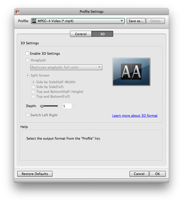 Settings of 3D DVD ripper profile