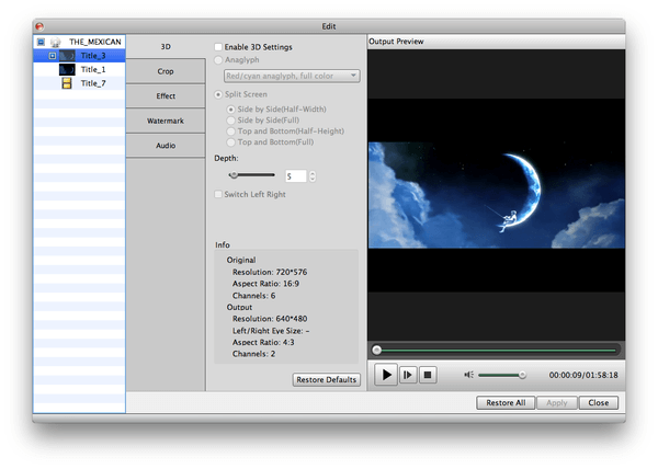 3d settings of 3D video to rip