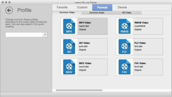 Leawo BluRay Ripper for OSX video profile selection